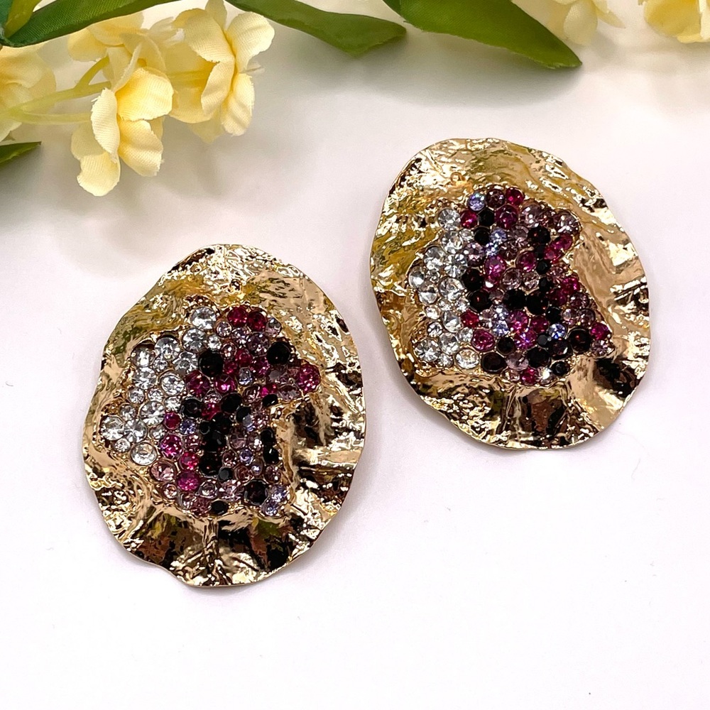 Gold Textured Rhinestone Statement Earrings